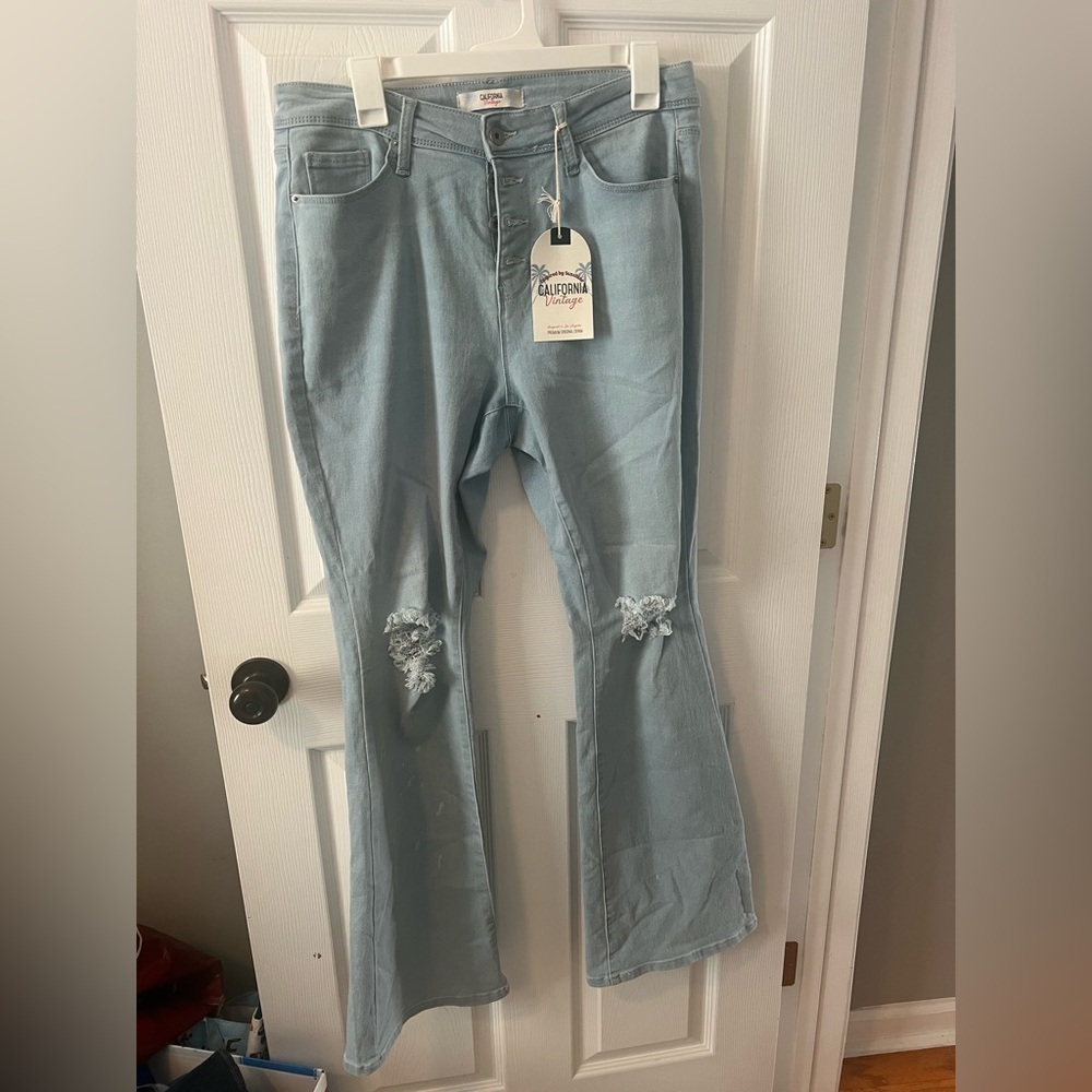 California Vintage Light Blue Flare Jeans with Distressed Knees Size 14